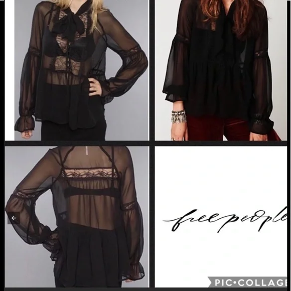 10. Free People Black Sheer Peasant Neck Tie Blouse S - Picture 8 of 8